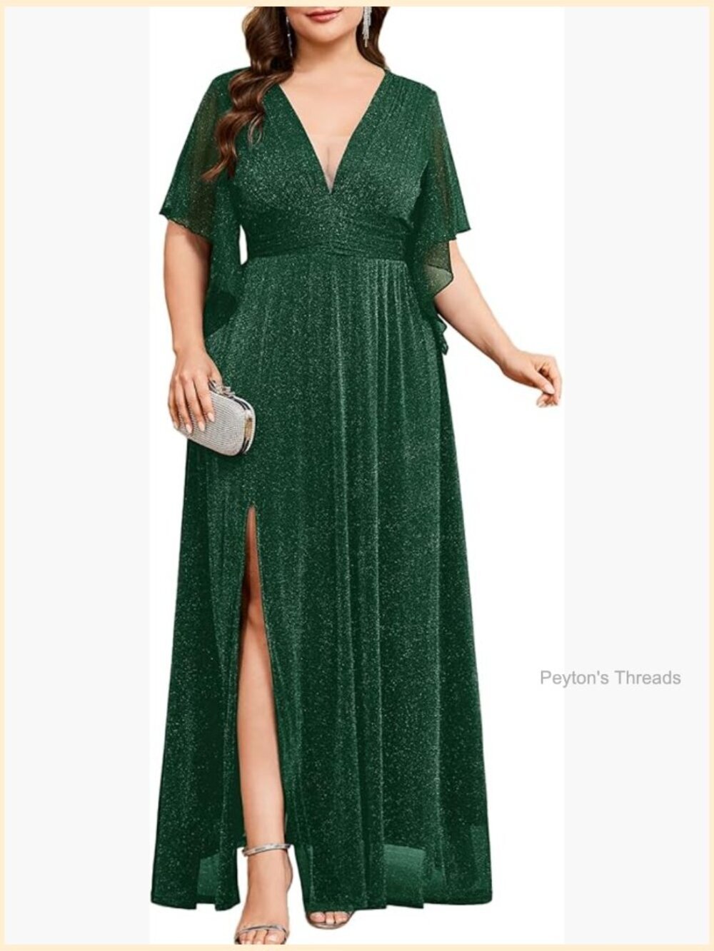 Plus Size Sparkly Formal Maxi Dress Deep V-Neck Glitter Mesh with Slit